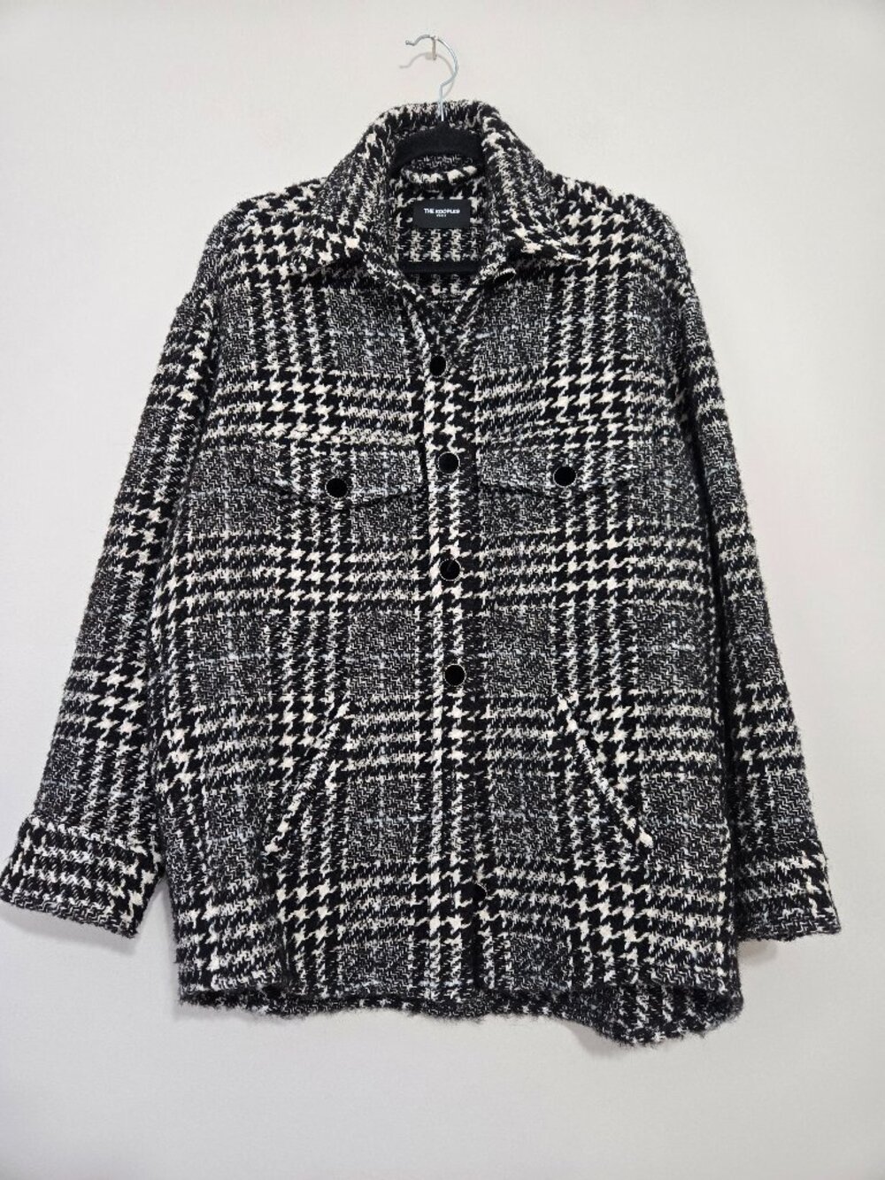 The Kooples Paris Houndstooth Plaid Tweed Shirt Jacket Black White Wool Blend 2